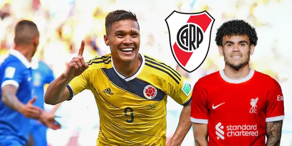 Teófilo Gutiérrez celebrando un gol y a su lado Luis Díaz con la camiseta del Liverpool