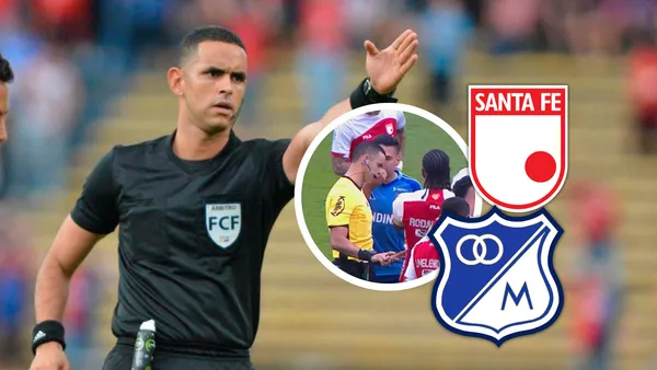 Tres errores arbitrales de Ortega desatan polémica en el Santa Fe vs. Millonarios de hoy. Foto: Dimayor, Captura de Win y Escudoteca