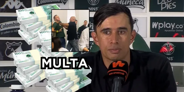 Una alta multa. Foto de Bodmer tomada de captura de pantalla DIMAYOR, hincha video en Twitter @dnarvaez19 y pesos de 123RF.