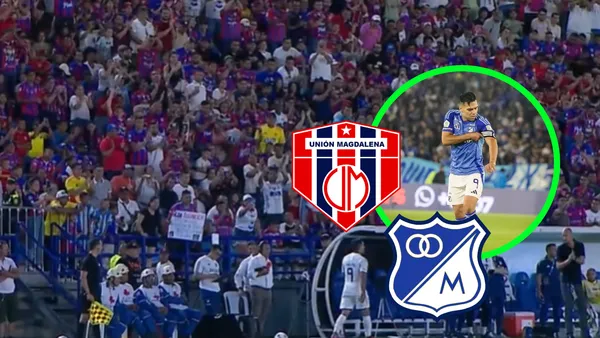 Unión Magdalena vs Millonarios Foto: Captura de Win Sports, Falcao y Escudoteca