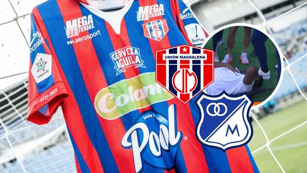 Unión Magdalena vs Millonarios Foto: Unión Magdalena, Captura de Win Sports y Escudoteca