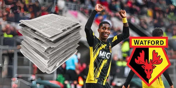 Yaser con un golazo en Watford. Foto de Yaser tomada de Twitter @WatfordFC, periódicos PNGEEG, logo Watford Wikipedia.