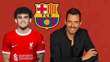 Luis Díaz con la camiseta del Liverpool, Pablo Giralt sonriendo y el escudo del FC Barcelona