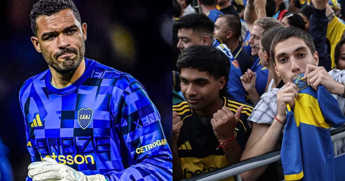 Álvaro Montero con la camiseta de Boca Juniors y la hinchada de Boca