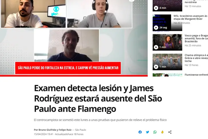 Captura de pantalla del portal Globo Esporte- Noticia lesión de James Rodríguez