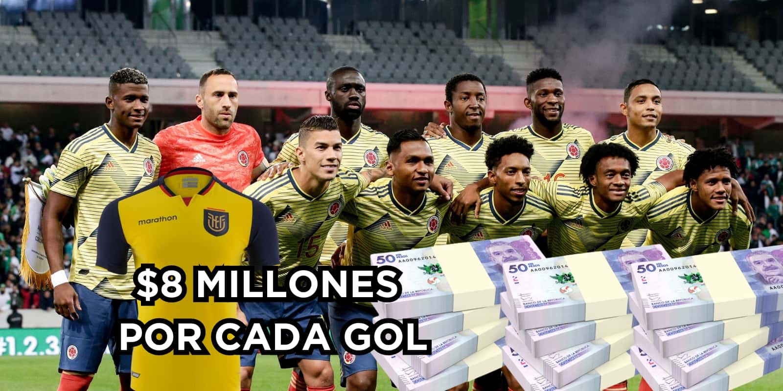 Al jugador le pagan bien por cada gol. Foto tomada de Revista Semana, pesos de 123RF, camiseta de Ecuador de El Universo.