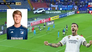 Andrés Llinás de Millonarios FC al momento de anotarle a Bolívar de Bolivia