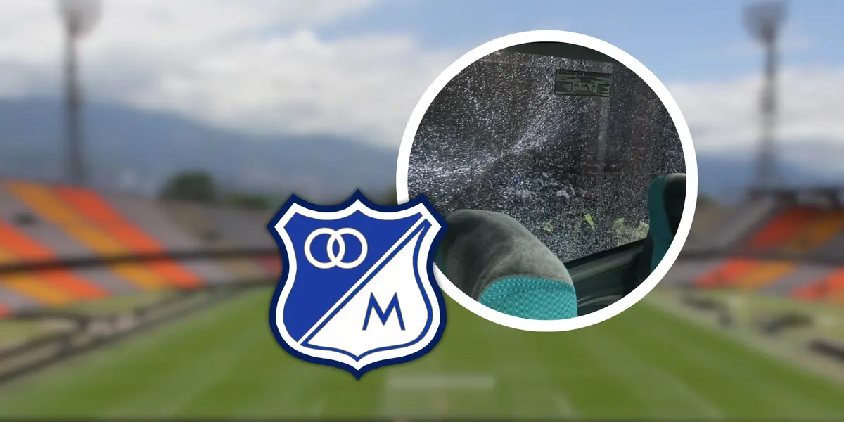 ¡Ataque en Medellín! El bus de Millonarios, apedreado. La FOTO y detalles.  Foto: Captura de X, Escudoteca e INDER