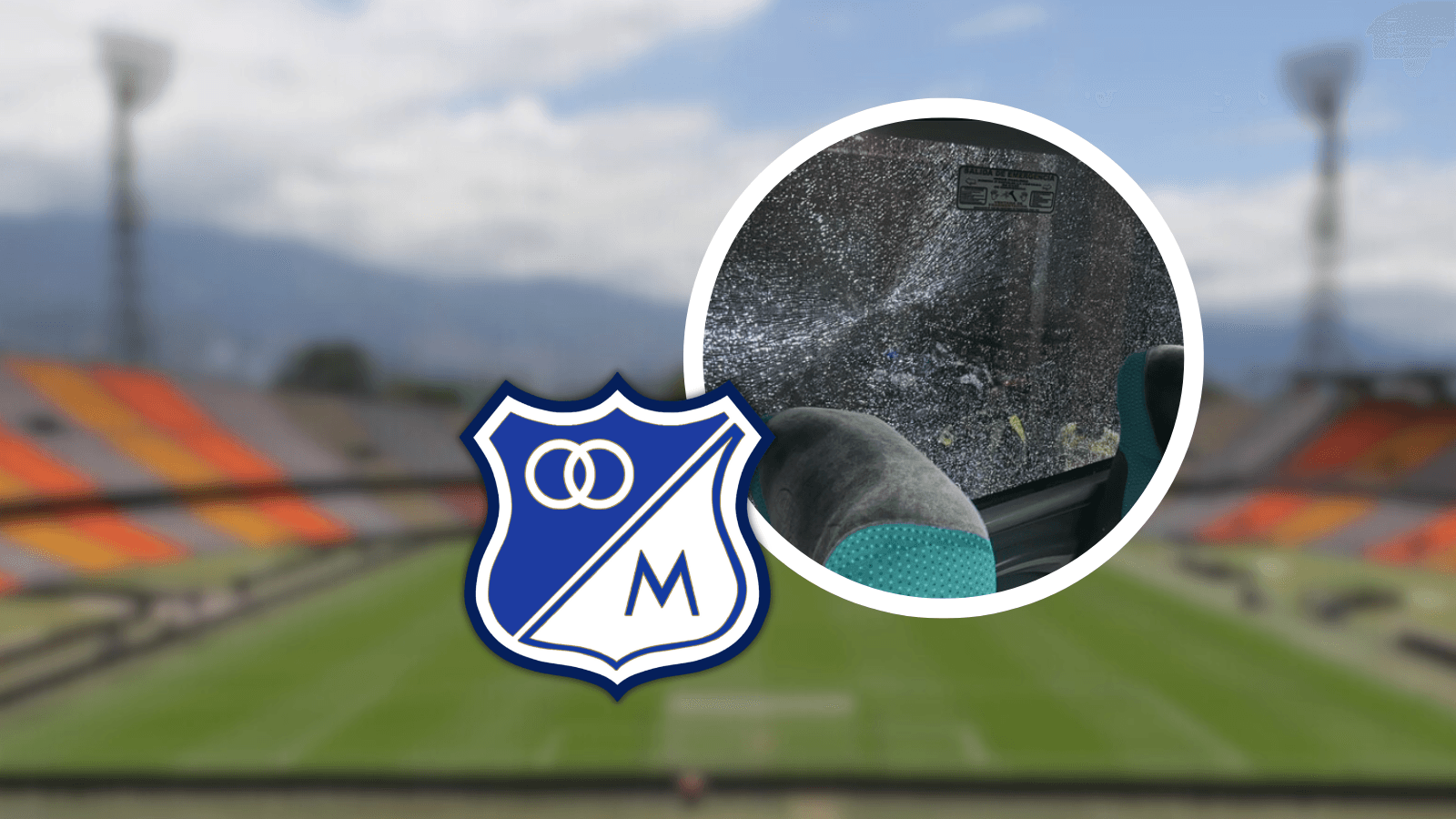 ¡Ataque en Medellín! El bus de Millonarios, apedreado. La FOTO y detalles. Foto: Captura de X, Escudoteca e INDER