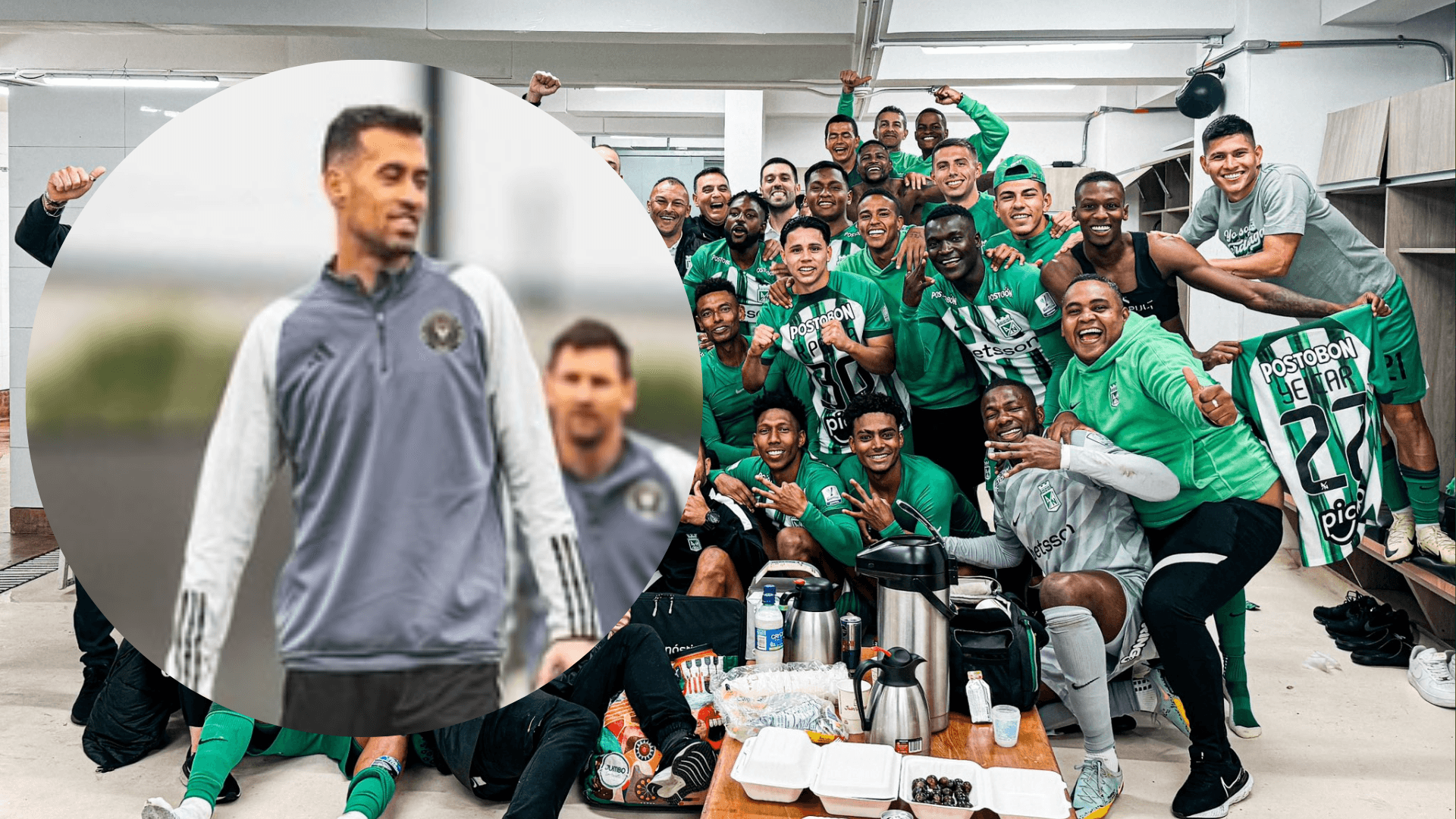 Busquets y jugadores de Nacional. Foto: redes de Busquets y Nacional.