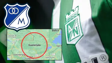 Camiseta de Atlético Nacional y al lado el escudo de Millonarios FC