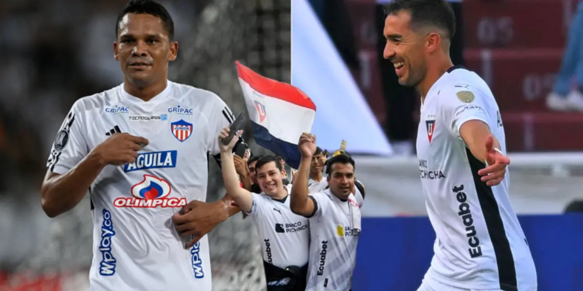 Carlos Bacca y Lisandro Alzugaray, ambos con las camisetas del Junior y LDU, respectivamente. FOTO: Sporting News 