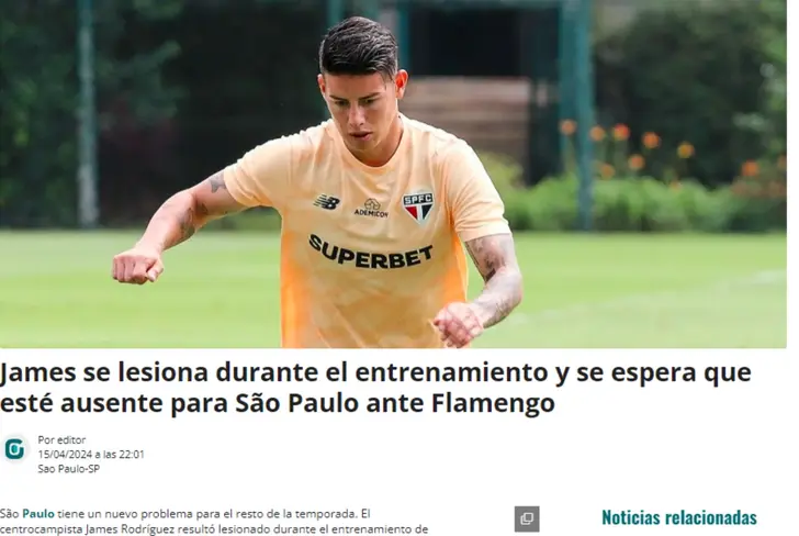 Captura de pantalla de Gazeta Esportiva sobre lesión de James Rodríguez&nbsp;
