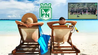 Dos personas de vacaciones en la playa y una foto de los jugadores de Atlético Nacional entrenando