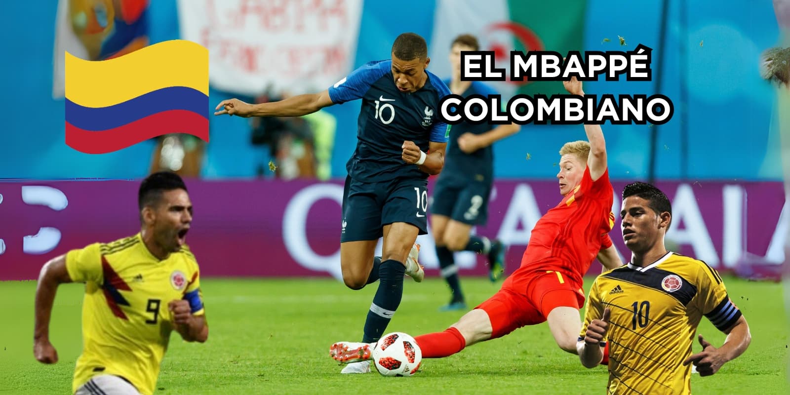 El colombiano crack como Mbappé. Foto de Mbappé tomada de OptaJean - @OptaJean en Twitter, fotos de James y Falcao de FCF Web Site.
