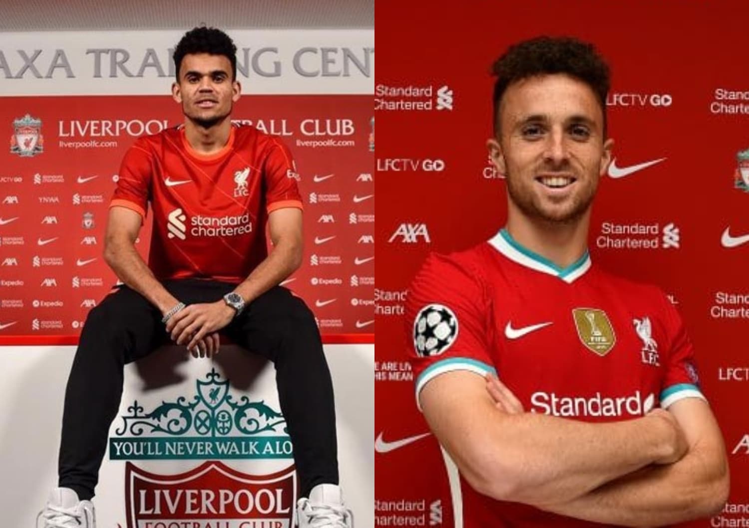 El colombiano Luis Díaz dejó sorprendido al portugués Diogo Jota en el Liverpool.