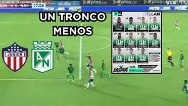 El jugador de Nacional perdió el puesto por tronco. Foto captura de pantalla de Win Sports y Twitter @nacionaloficial.