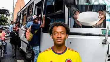 El jugador recibió el apoyo de Cuadrado. Foto del bus tomada de Noticias Caracol, Cuadrado de la Web FCF, plato The Food Tech.