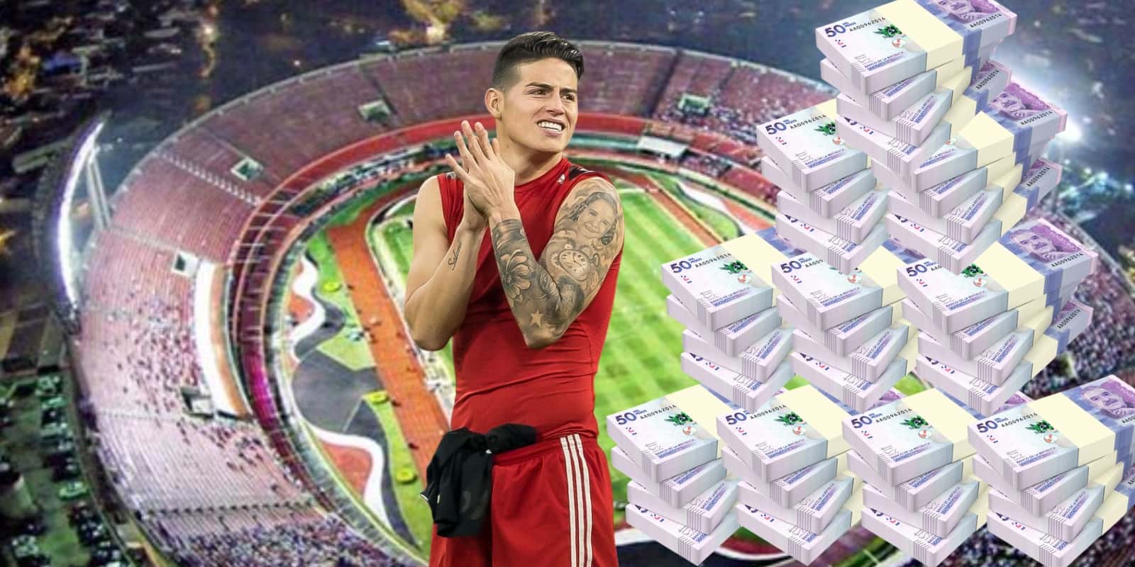 El sueldo de James en Brasil. Foto de James de Pinterest, Estadio de Twitter @FVF_Oficial, pesos 123RF.