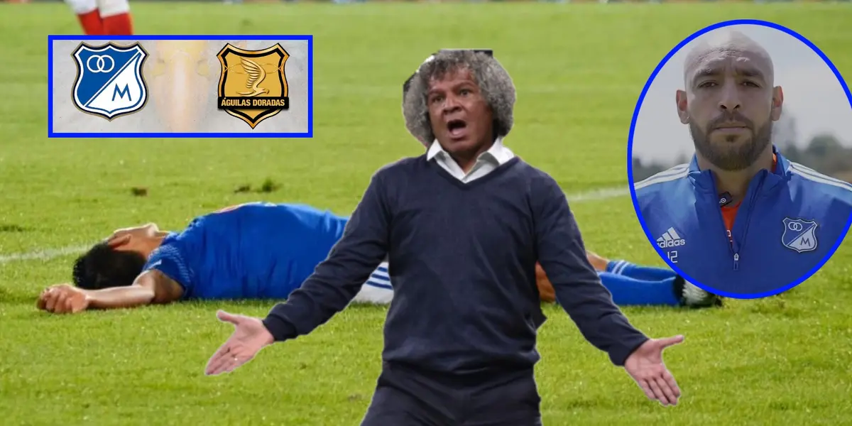 El tronco de Millonarios que regaló el gol de Águilas Doradas (Foto tomada de redes X, Futbolred, El Tiempo)