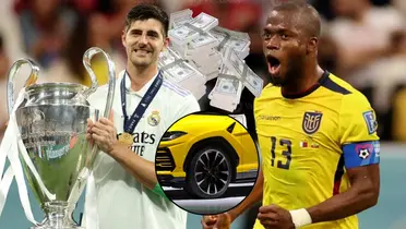 Enner Valencia jugador ecuatoriano y Thibaut Courtois jugador belga