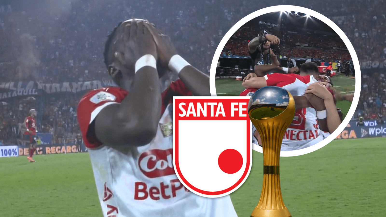 Felicidades a Independiente Santa Fe, Campeón de la Liga Betplay 2025 Foto: Captura de Win Sports, Escudoteca y Chat GPT