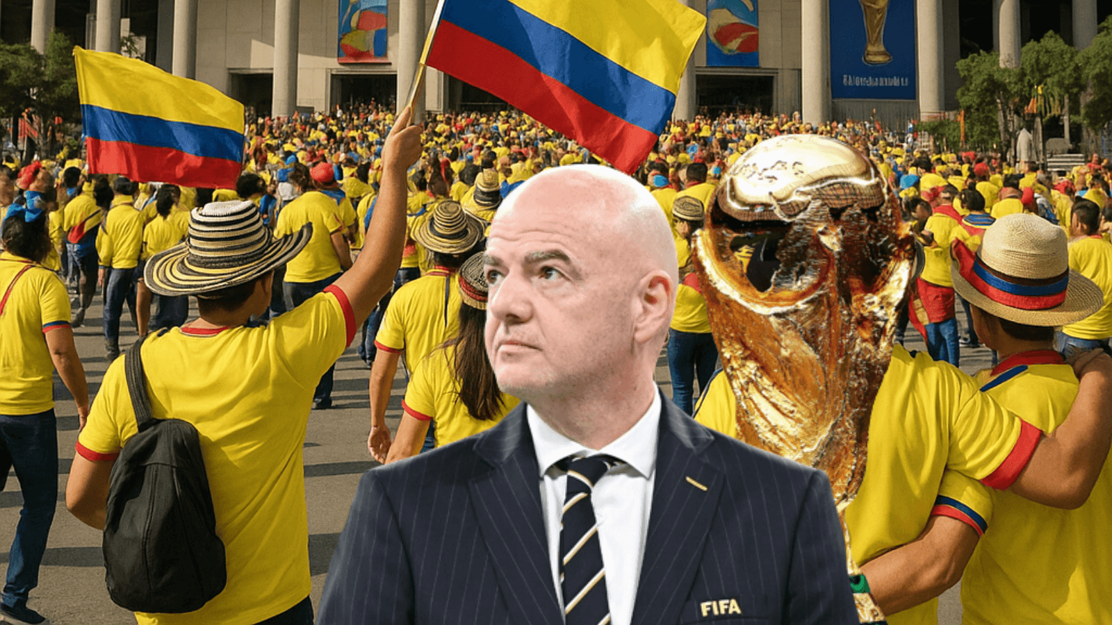 Gianni Infantino y la reacción de los fanaticos de la Selección Colombia con la Copa del Mundo Foto: FIFA, Chat GPT
