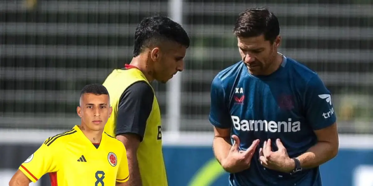 Gustavo Puerta en un entrenamiento del Bayer Leverkusen con Xabi Alonso