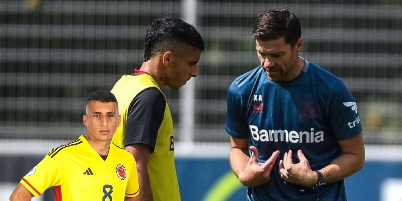 Gustavo Puerta en un entrenamiento del Bayer Leverkusen con Xabi Alonso