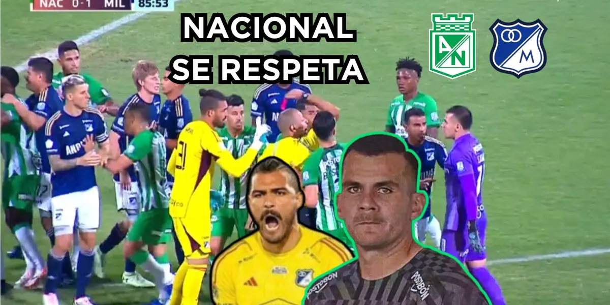 Hubo pelea en el juego de Atlético Nacional contra Millonarios FC. Foto captura de pantalla de Win Sports.
