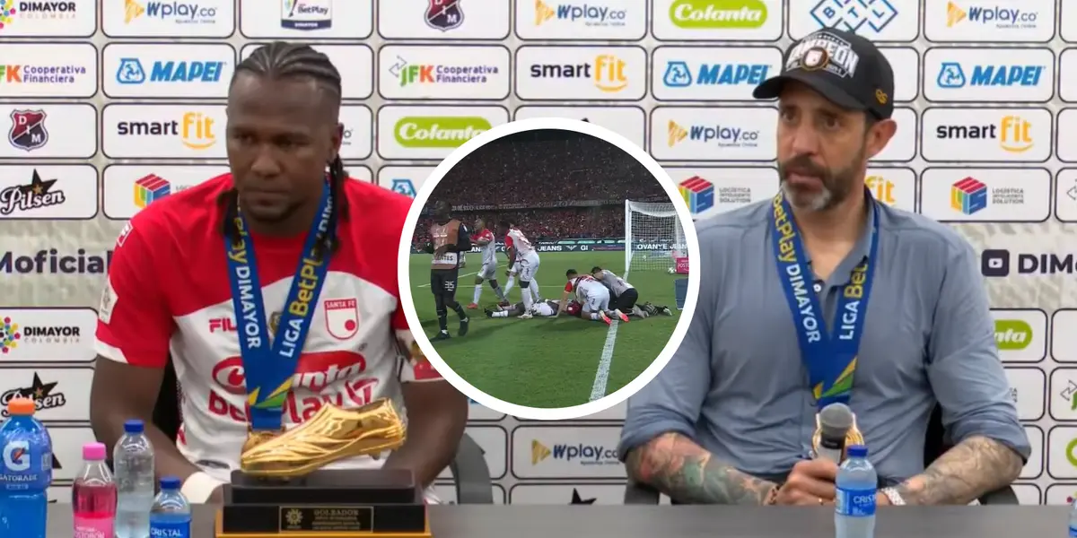 Hugo Rodallega y Jorge Bava en rueda de prensa dando una emotiva declaración Foto: Dimayor y Captura de Win