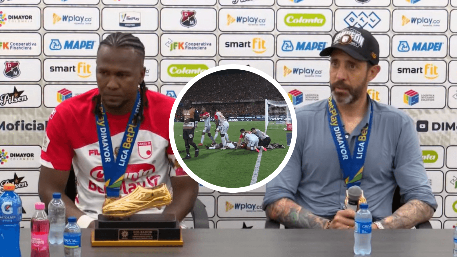 Hugo Rodallega y Jorge Bava en rueda de prensa dando una emotiva declaración Foto: Dimayor y Captura de Win