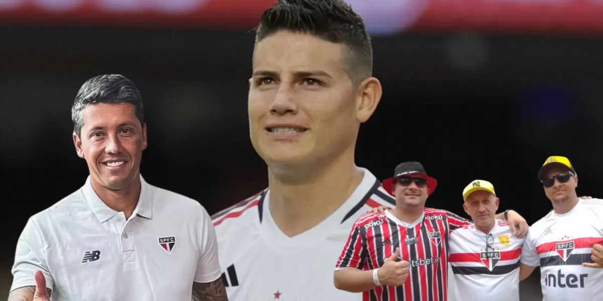 James Rodríguez, al lado el entrenador de Sao Paulo, Thiago Carpini. FOTO: Noticias Caracol