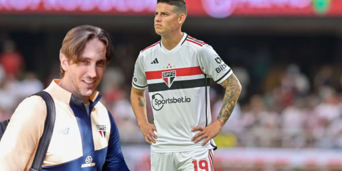 James Rodríguez con la camiseta del Sao Paulo, al lado Luis Zubeldía posando con el buzo del equipo 'Tricolor'. FOTO: Fut Sport