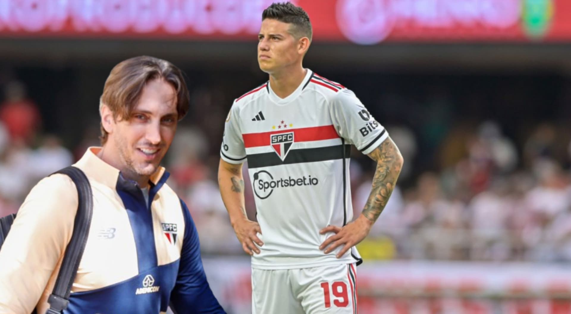 James Rodríguez con la camiseta del Sao Paulo, al lado Luis Zubeldía posando con el buzo del equipo 'Tricolor'. FOTO: Fut Sport