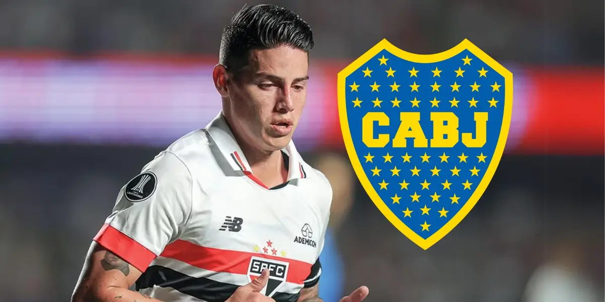 James Rodríguez jugando con el Sao Paulo de Brasil y el logo de Boca Juniors