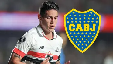 James Rodríguez jugando con el Sao Paulo de Brasil y el logo de Boca Juniors