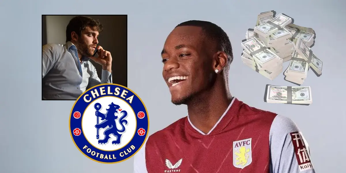 Jhon Jader Durán y a su lado el escudo del Chelsea