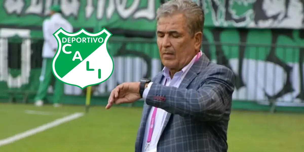 Jorge Luis Pinto, al lado los jugadores de Deportivo Cali. FOTO: Antena 2
