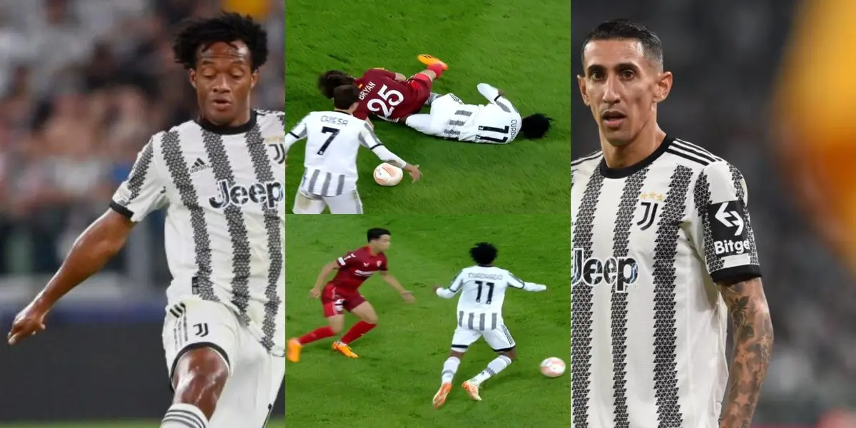 Juan Guillermo Cuadrado muy golpeado por los jugadores del Sevilla.