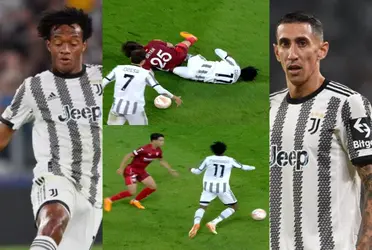 Juan Guillermo Cuadrado muy golpeado por los jugadores del Sevilla.