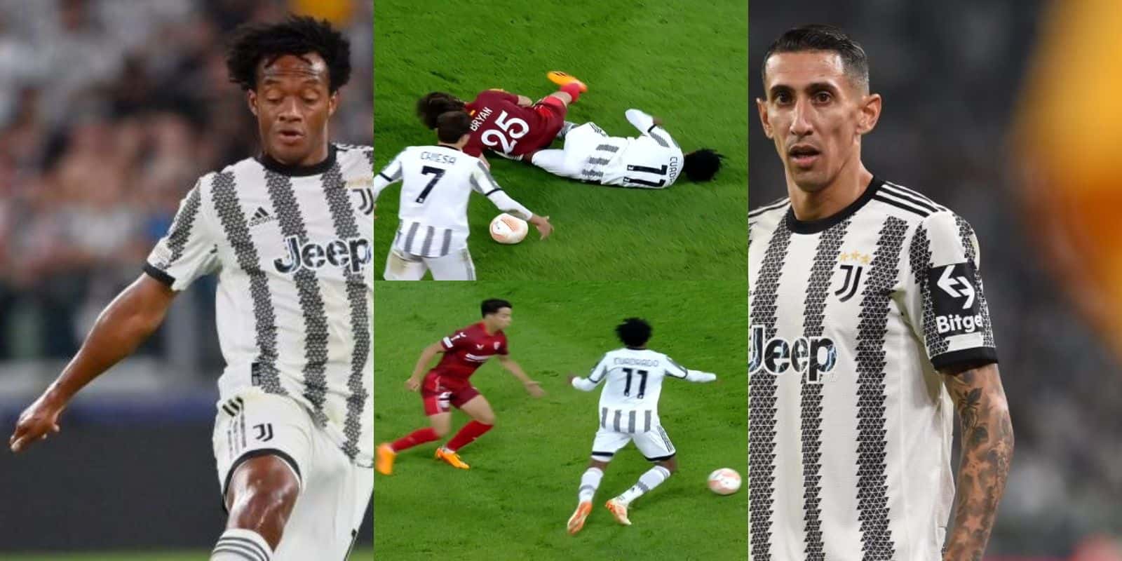 Juan Guillermo Cuadrado muy golpeado por los jugadores del Sevilla.