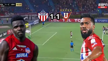 La imagen donde 'Cariaco' González falla el penal ante Liga de Quito. Al lado una imagen de Marco Pérez y 'Cariaco'. FOTO: ESPN