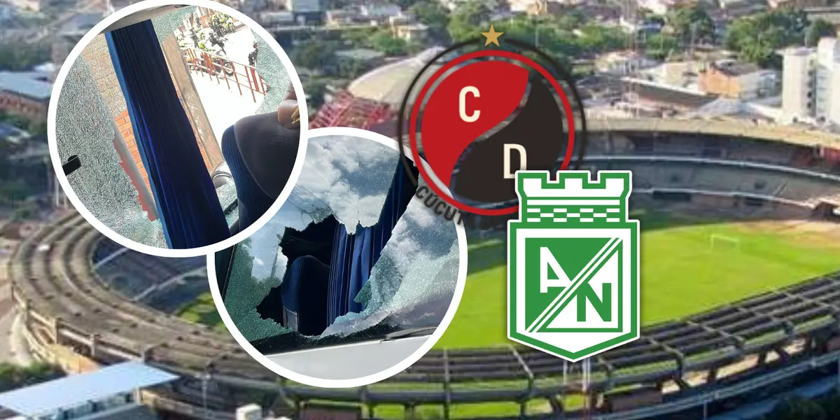 La lamentable imagen que comparte Atlético Nacional sobre el ataque a su bus en Cúcuta Foto: Captura de X, Escudoteca y Wikipedia