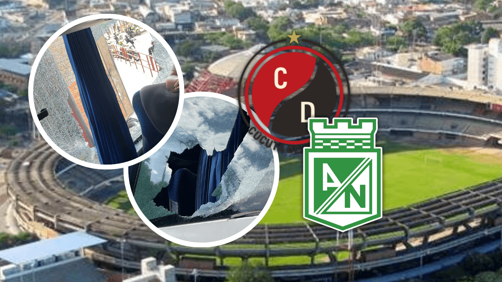 La lamentable imagen que comparte Atlético Nacional sobre el ataque a su bus en Cúcuta Foto: Captura de X, Escudoteca y Wikipedia