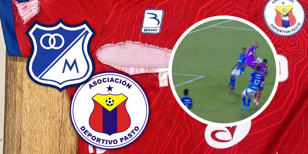 La polémica sigue con el penal no pitado a Pasto en El Campín Foto: Deportivo Pasto, Escudoteca y Captura de Win Sports