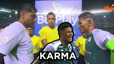 Le llegó el karma a Alex Mejía en un juego con el Deportivo Cali. Fotos captura de pantalla de Win Sports.