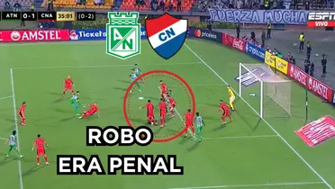 Le robaron un penal a Atlético Nacional. Foto captura de pantalla de ESPN, logos de Wikipedia.