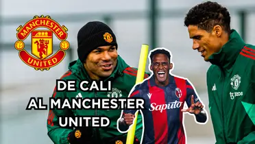 Lucumí en la mira del Manchester. Foto del United tomada de Twitter @ManUtd, foto de Lucumí del Web Site Bologna FC, logo MU de Wikipedia.