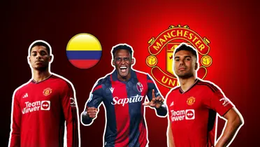 Lucumí en la mira del United. Logo del MU del Pxfuel, fotos Manchester de su Web Site, foto de Lucumí Web Bologna FC, bandera 123RF.